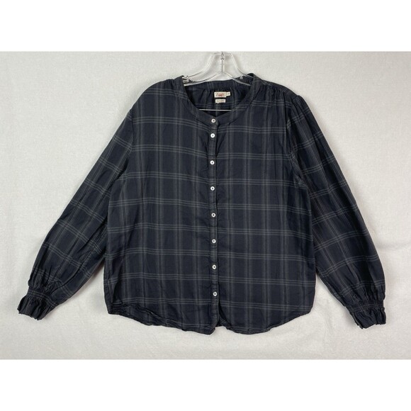 Faherty Women XL Harper Top Black Plaid Organic Cotton Button Front Relaxed - Picture 4 of 7